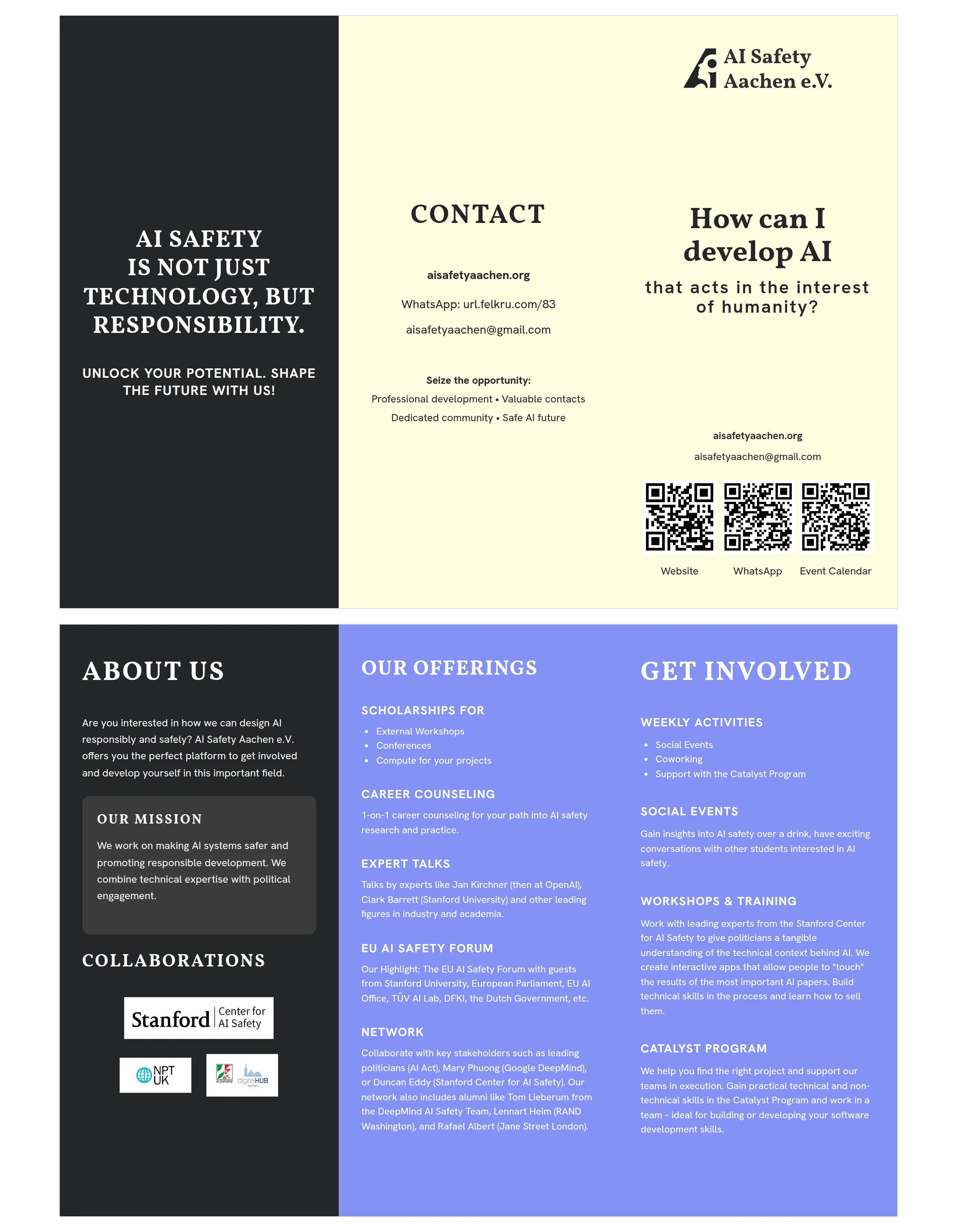 AI Safety Aachen flyer — about us, our offerings, and how to get involved